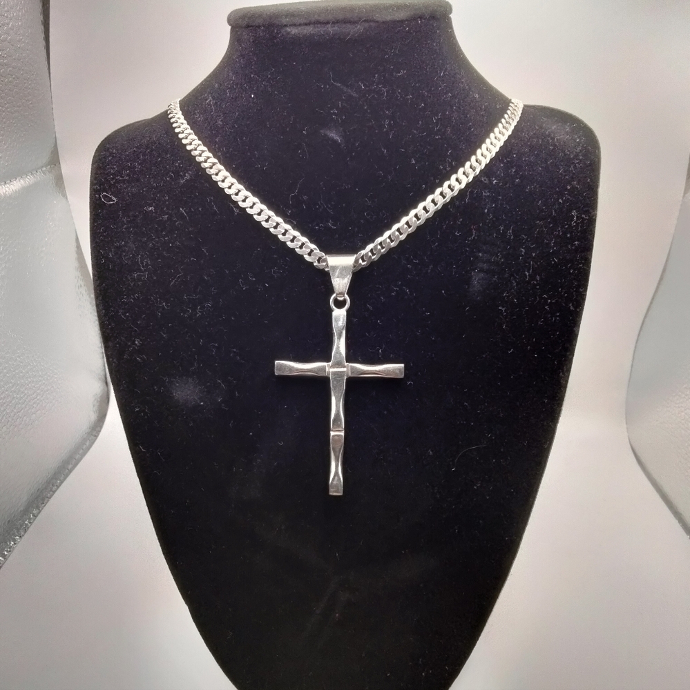 New Handmade Sterling Silver 925 Curb Link Chain 27.5 inch 32.45g Taxco Cross